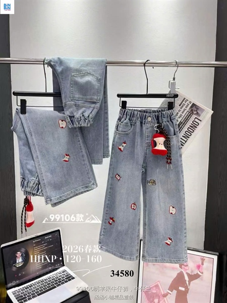 34580- Quần jeans dài thêu ốc sên táo