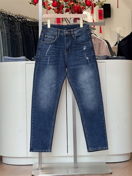 Quần Jean dài Slim Fit xanh đậm rách 21163