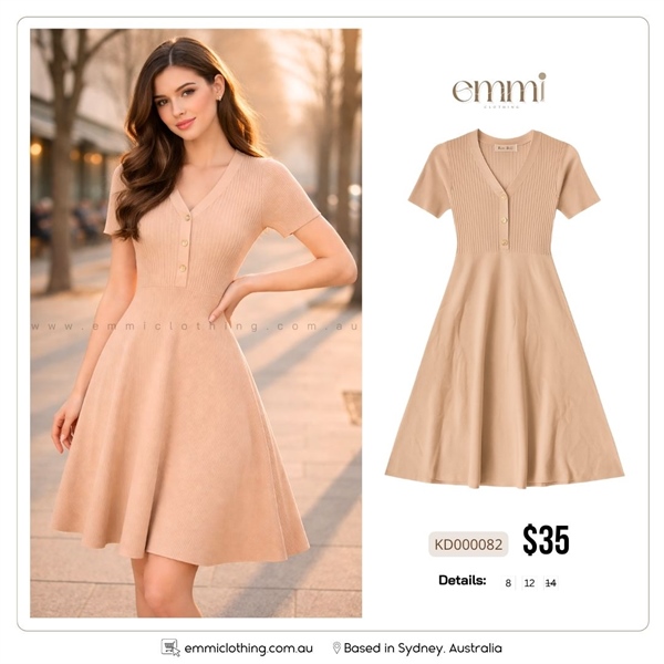 Beige Buttoned V-neck Dress