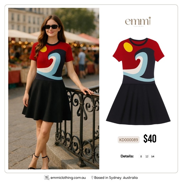 Wave Print Fit-and-Flare Dres