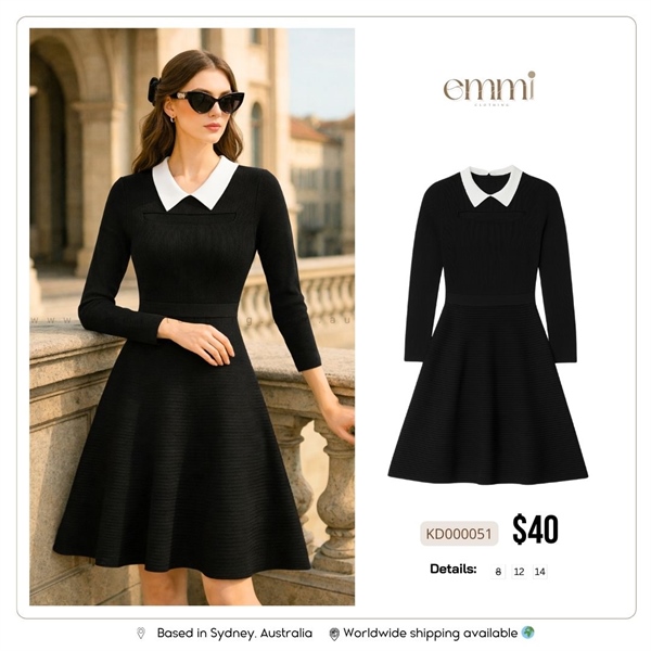 Contrast Collar Black Knit Dress