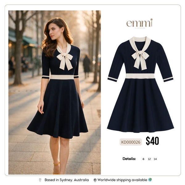 Navy Bow Collar Knit Dresses