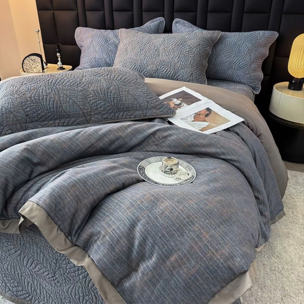 Bộ ga chần Vip | Cotton tơ 80S - "An Lam" Chần full - Xanh chăn kẻ viền nâu, Ga chần lá - LX08.03