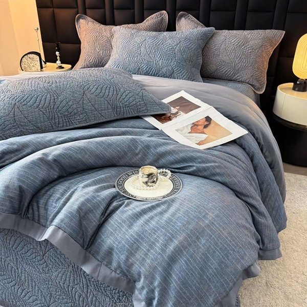 Bộ ga chần Vip | Cotton tơ 80S - "An Lam" - Chần full - Xanh chăn kẻ viền ghi, Ga chần lá - LX08.02
