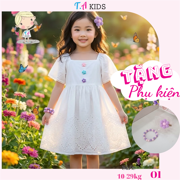 O1 (10-29kg) Váy trắng 3 bông hoa