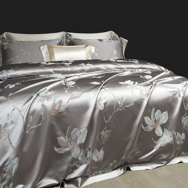 Bộ ga | Lụa tơ tằm tự nhiên, dệt màu jacquard - Màu ghi hoa trắng to