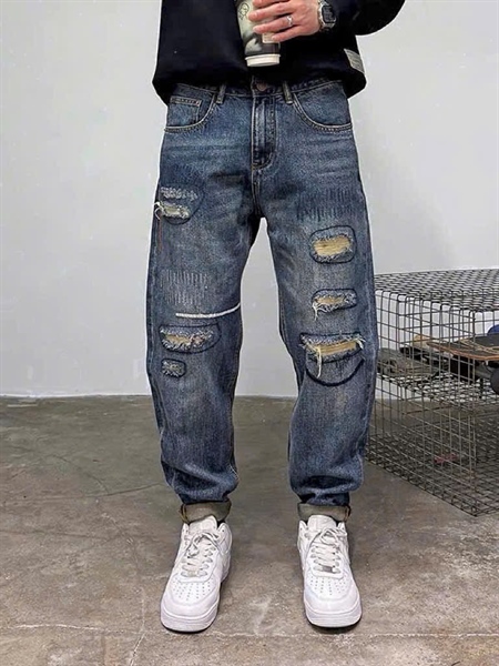 Jean Dài QCCC- M9523 Xanh rách mạng chỉ cam From straight fit