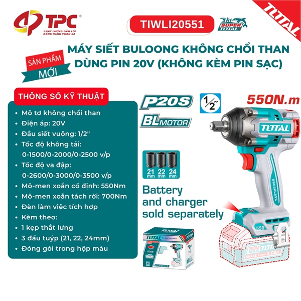 (Thân máy không kèm pin sạc) Máy siết buloong không chổi than dùng pin 20V TOTAL TIWLI20551