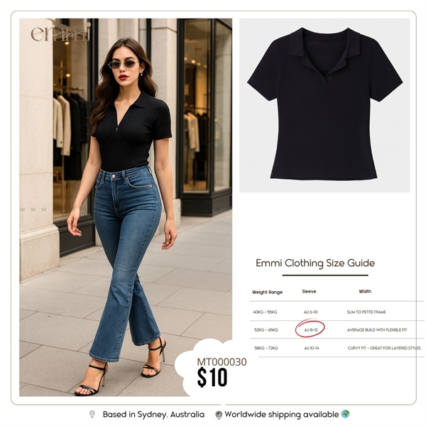 Black Ribbed Polo Top for Average Build