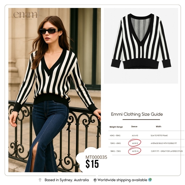 Black and White Striped V-Neck Knit Top for Average Build