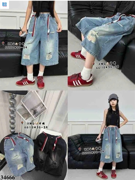 34666- Quần jean ngố rách xanh