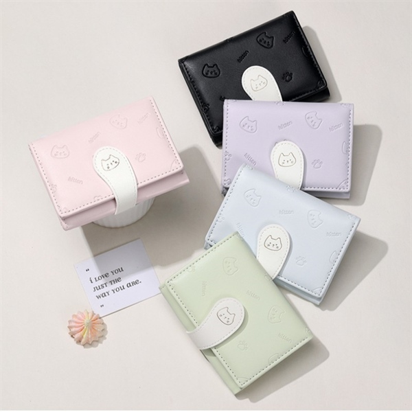 Ví da ngắn gập 3 có khuy bấm ngoài in hình mèo