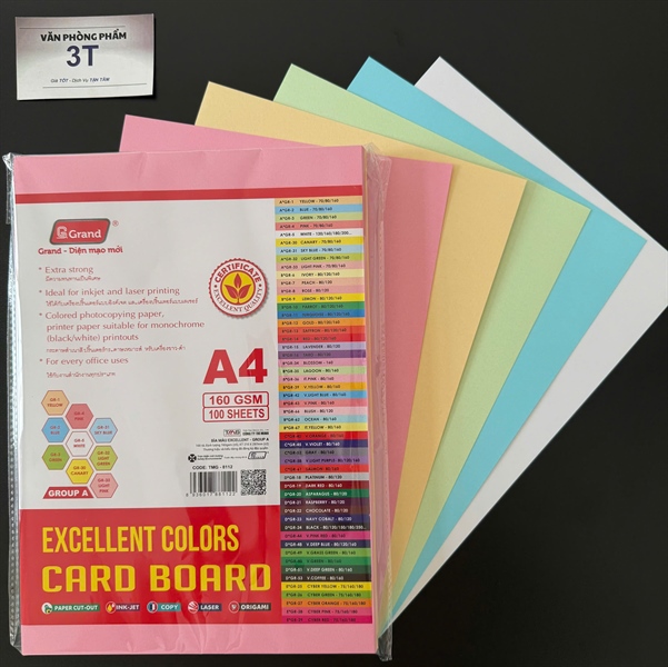 Giấy bìa A4 160GSM (giấy cứng) PGrand trộn 5 màu Pastel