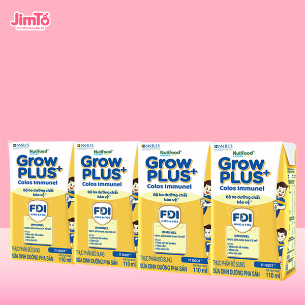 Lốc 4 hộp 110ml pha sẵn vàng Nutifood Grow Plus+ Colos Immunel tăng đề kháng (1Y+)