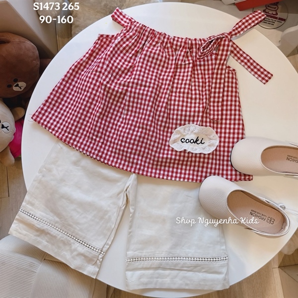 S1473 Set yếm caro đỏ q kem