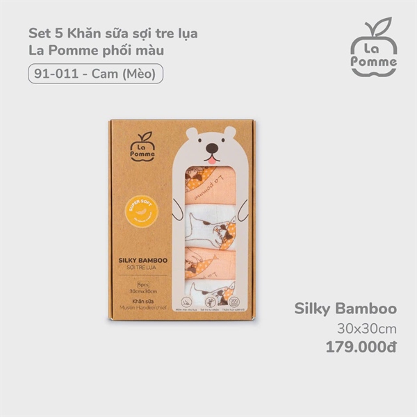 Set 5 Khăn sữa sợi tre lụa La Pomme 91-011 (30x30cm) cam mèo