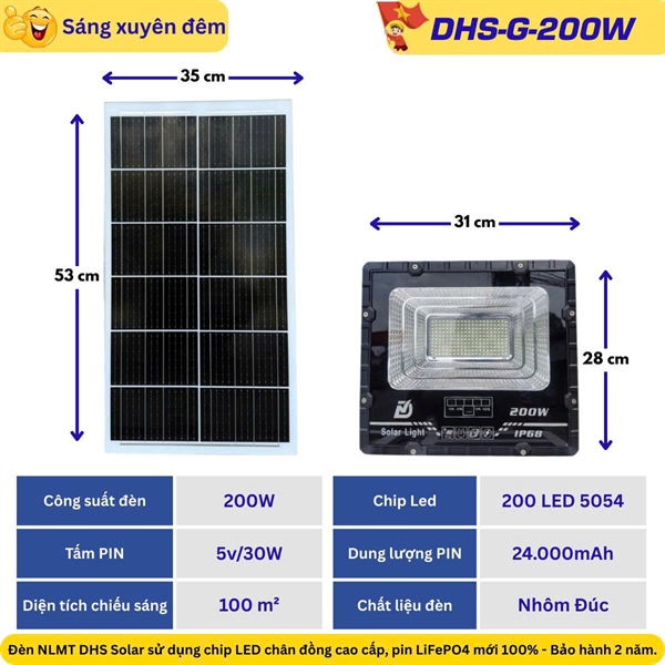 DHS-G 200W THÁO KÍNH --- Bộ đèn năng lượng mặt trời solar light 200W, gồm tấm pin và giá đỡ