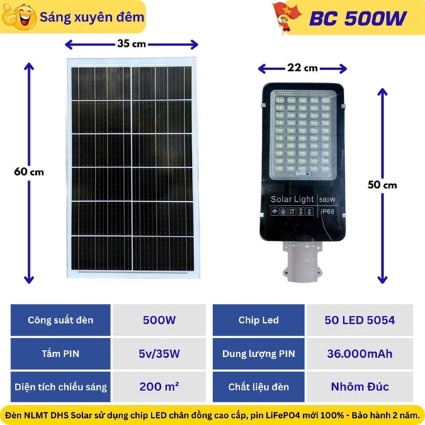 Đèn công trình NLMT Solar light 500w ----BC 500W --- Bộ đèn đường năng lượng mặt trời solar light 500W, gồm tấm pin và giá đỡ