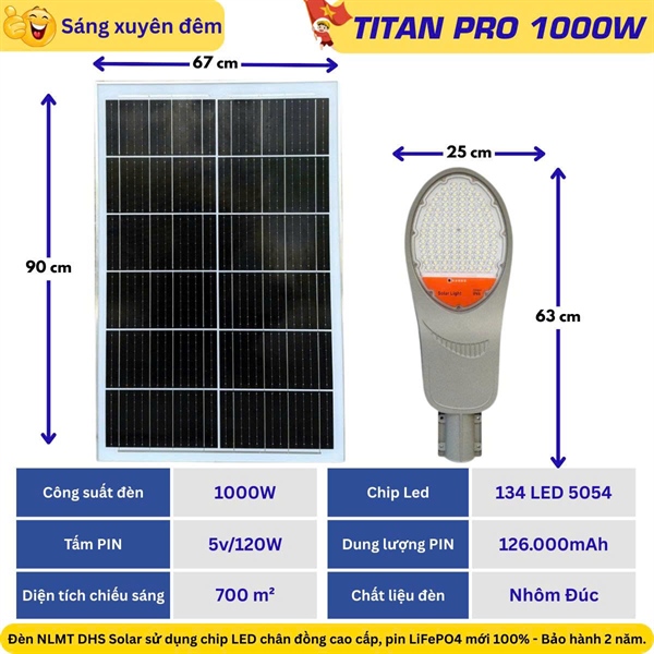 Đèn đường cao cấp TITAN PRO 1000W - TN1000---Bộ đèn đường năng lượng mặt trời solar light 1000W, gồm tấm pin và giá đỡ