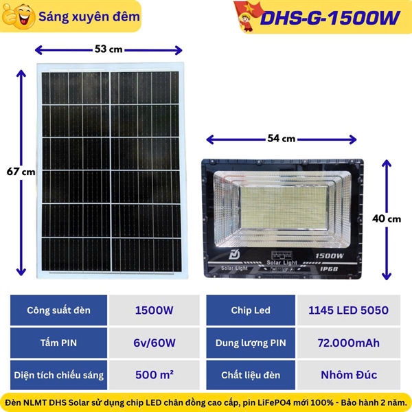 Đèn Led Pha Trong Nhà NLMT Solar Light 1500W DHS-G 1500W ---Bộ đèn năng lượng mặt trời solar light 1500W, gồm tấm pin và giá đỡ