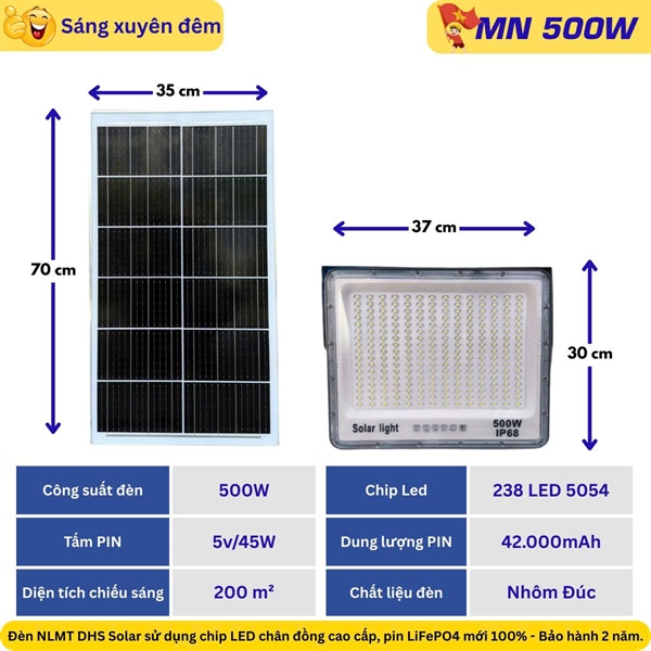 Đèn Led pha NLMT Solar light 500W ( MN500 ) --- Bộ đèn năng lượng mặt trời solar light 500W, gồm tấm pin và giá đỡ