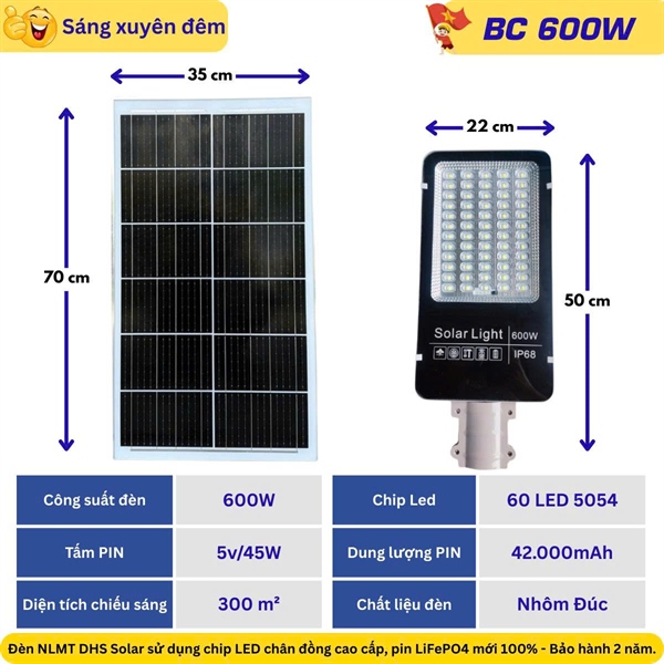 Đèn công trình 600w Solar light BC 600W --- Bộ đèn đường năng lượng mặt trời solar light 600W, gồm tấm pin và giá đỡ