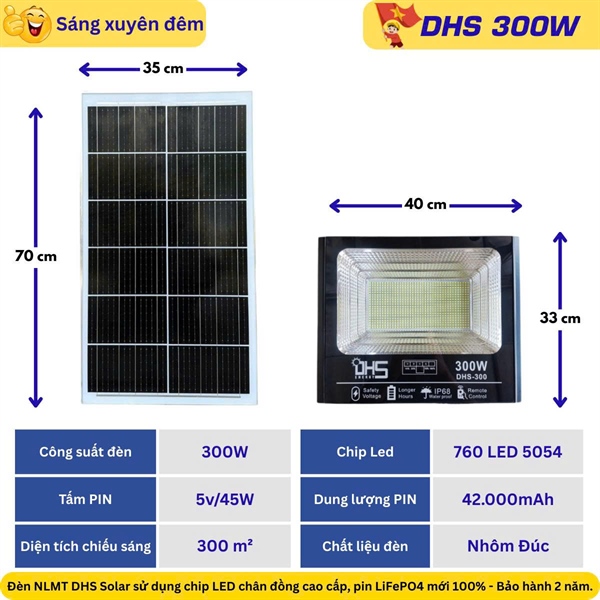 Đèn Pha NLMT Solar light 300W DHS 300W --- Bộ đèn năng lượng mặt trời solar light 300W, gồm tấm pin và giá đỡ