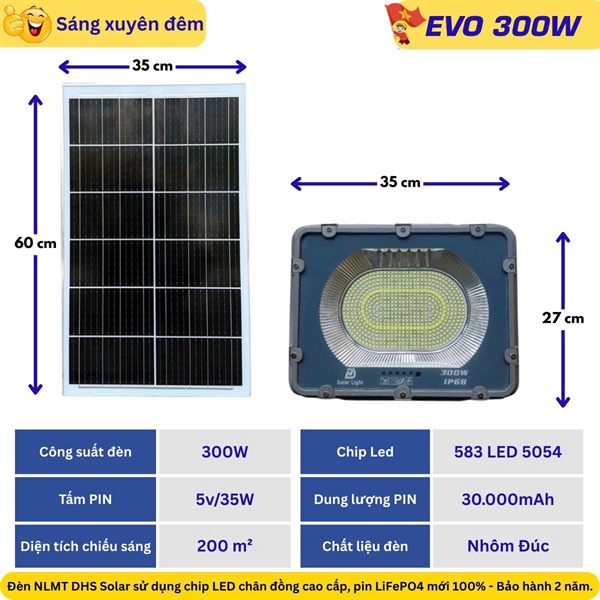 Đèn Led pha năng lượng mặt trời Solar light 300W EVO 300W --- Bộ đèn năng lượng mặt trời solar light 300W, gồm tấm pin và giá đỡ