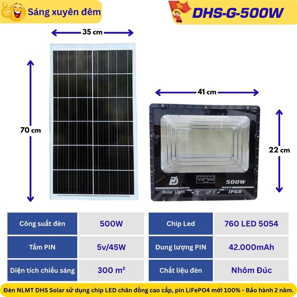 Đèn Led pha NLMT Solar light 500W DHS-G 500W --- Bộ đèn năng lượng mặt trời solar light 500W, gồm tấm pin và giá đỡ