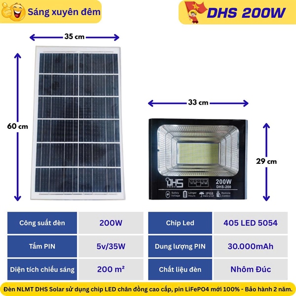 DHS 200W --- Bộ đèn năng lượng mặt trời solar light 200W, gồm tấm pin và giá đỡ