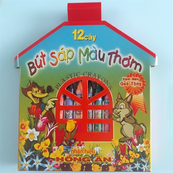 Bút Sáp Màu Thơm Hồng Ân 12 Cây - Hộp Hình Ngôi Nhà Đáng Yêu Cho Bé