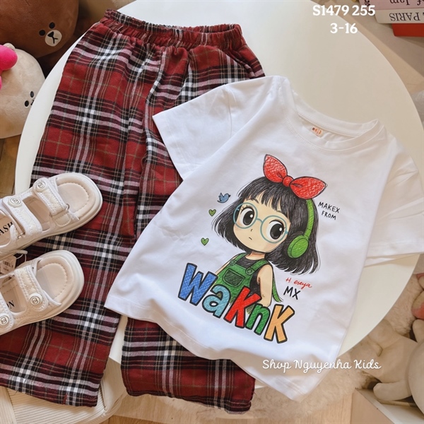 S1479 Set áo bé gái cài nơ q kẻ đỏ