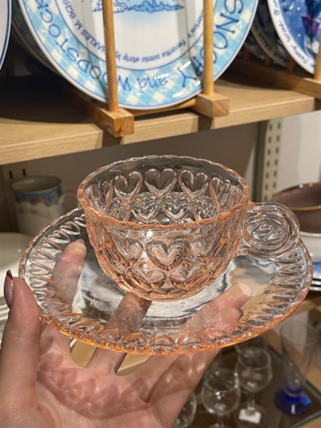 Set trà thuỷ tinh hồng trái tim size 15.5/9x5cm