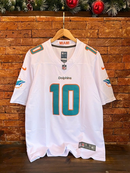 Áo NFL Miami Dolphins - Số 10 (Hill) - Trắng - Chữ xanh viền cam