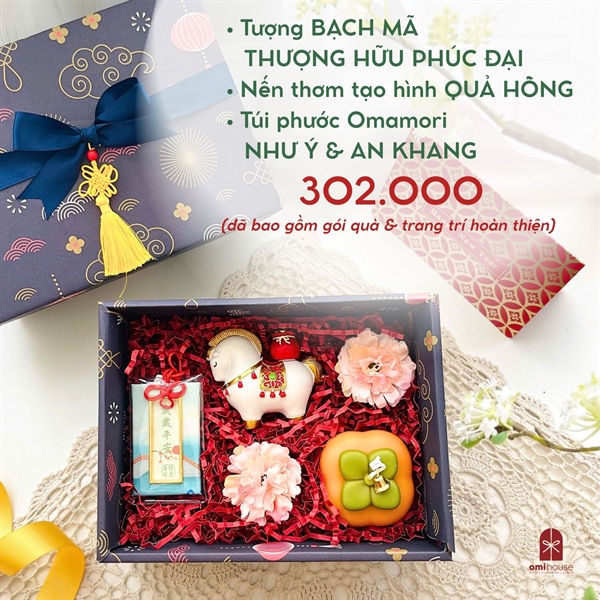 Set quà tượng BẠCH MÃ + nến QUẢ HỒNG + omamori NHƯ Ý AN KHANG
