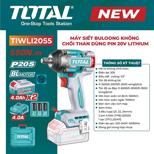Máy siết buloong 550Nm không chổi than dùng pin 20V TOTAL TIWLI2055