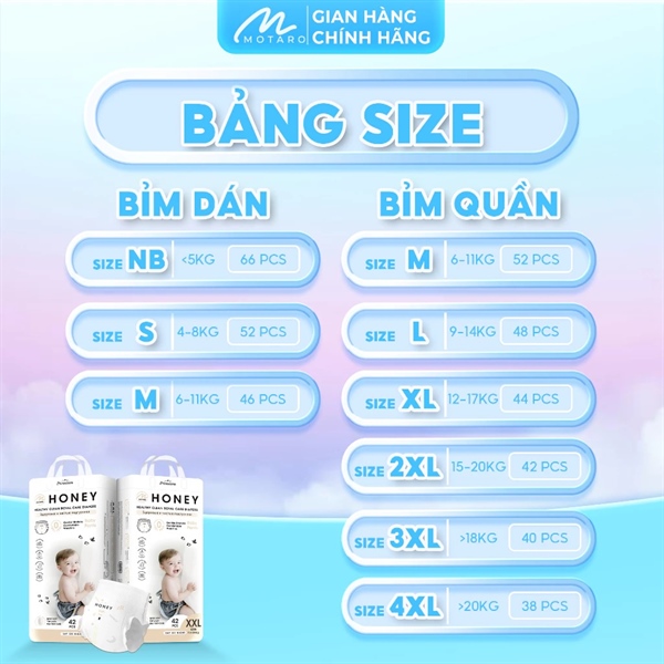 Bỉm quần Motaro Honey Premium size 3XL (Bịch 40 cái)