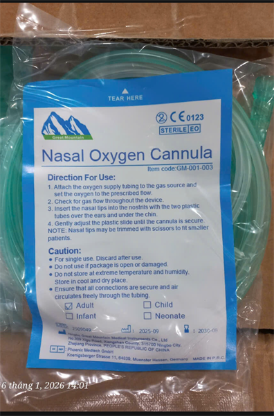 Dây thở oxy 2 nhánh người lớn (Nasal oxygen cannula) - DHV/Greatmoutain/Trung Quốc 2