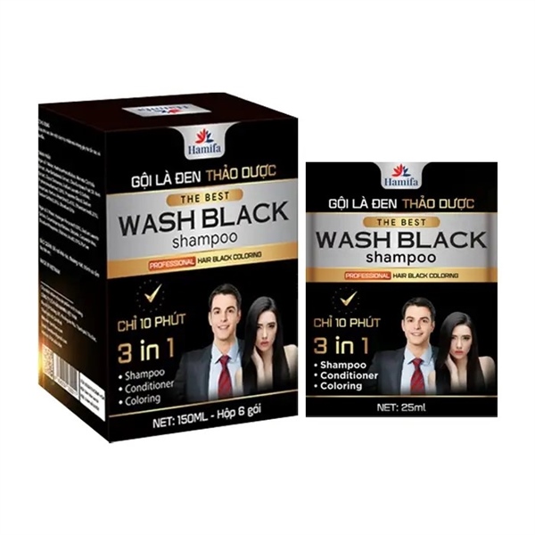 Dầu gội Đen thảo dược Wash Black shampoo (Hộp 6 gói x 25g)
