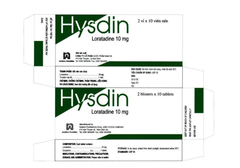 Thuốc Hysdin 10mg Điều trị bệnh viêm mũi dị ứng, viêm kết mạc, mề đay (Hộp 2 vỉ x 10 viên) (Hộp)