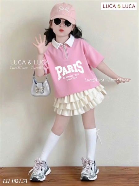 Set bé gái polo hồng phối chân váy tầng PARIS năng động (2y-12y)