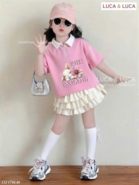 Set váy polo thỏ hồng phối váy tầng (2y-12y)