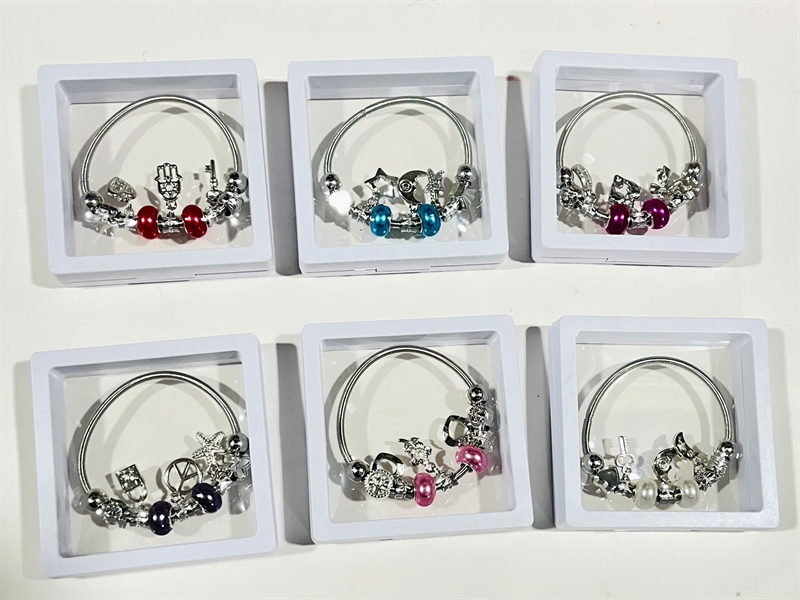 Hộp trong lắc tay vân lò xo khít, vòng liền, ĐÁ MÀU + CHARM PANDORA