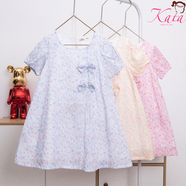 Đầm Bé Gái Chấm Bi Pastel Thắt Nơ Size 4-14 Cho Bé 12-35kg