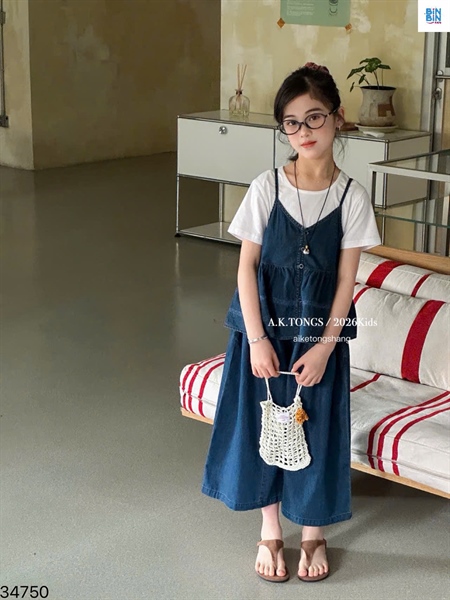 34750- Set bộ yếm 3CT Jean xanh đậm