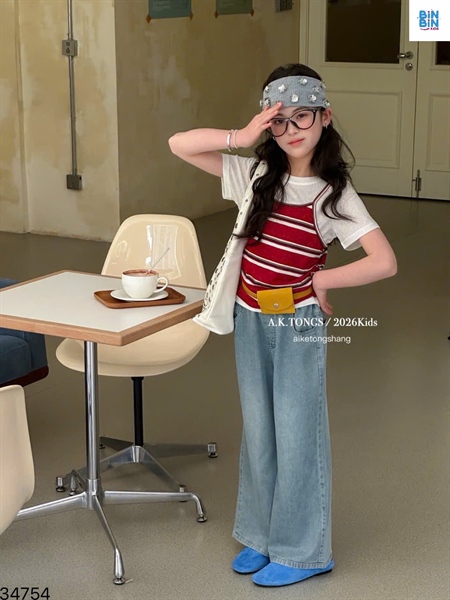 34754- Set bộ 3CT jean đỏ sọc