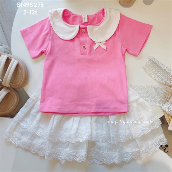 S1498 Set áo hồng cổ sen trắng v trắng