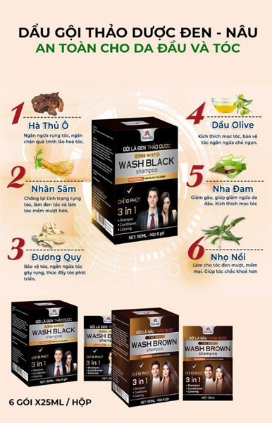Dầu gội Đen thảo dược Wash Black shampoo (Hộp 6 gói x 25g) 2