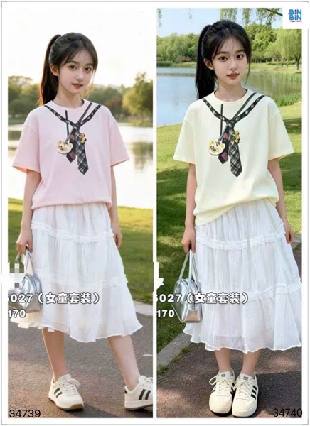 34739-Set váy ren đính cà vạt hồng