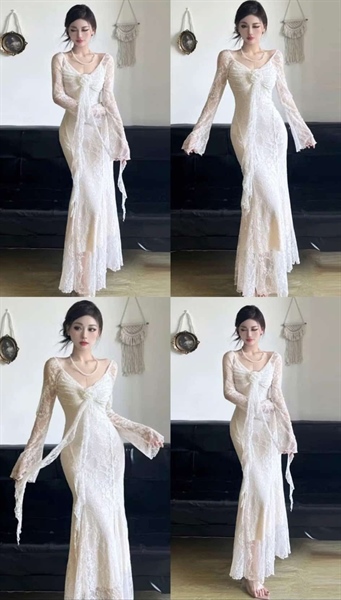 Đầm ren trắng dáng dài tay loe trắng hoa ngực S